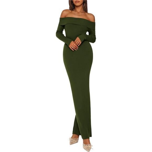 Women's Sweater Dress Long Sleeve Off Shoulder Green - Picture 1 of 6